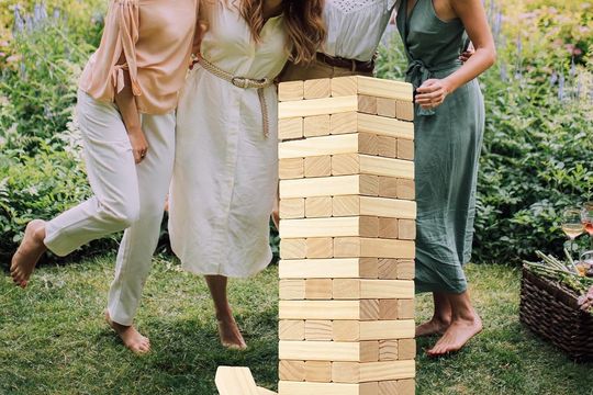 Jumbo 60-Piece Tumble Tower, 7.15-inch blocks, stacks past 5 ft in use